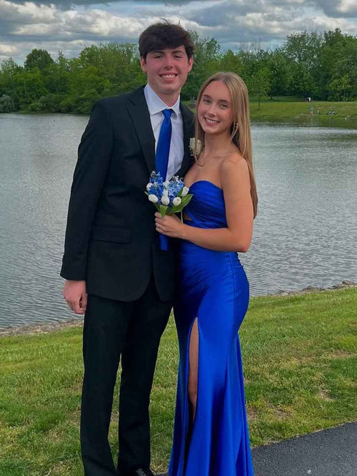 Strapless Pleated Satin Long Prom Dress with Slit BMBRIDE