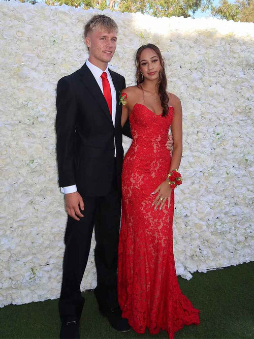 Strapless Red Lace Appliques Mermaid Long Prom Dress BMBRIDE