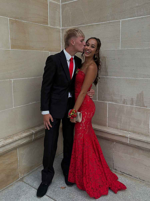 Strapless Red Lace Appliques Mermaid Long Prom Dress BMBRIDE