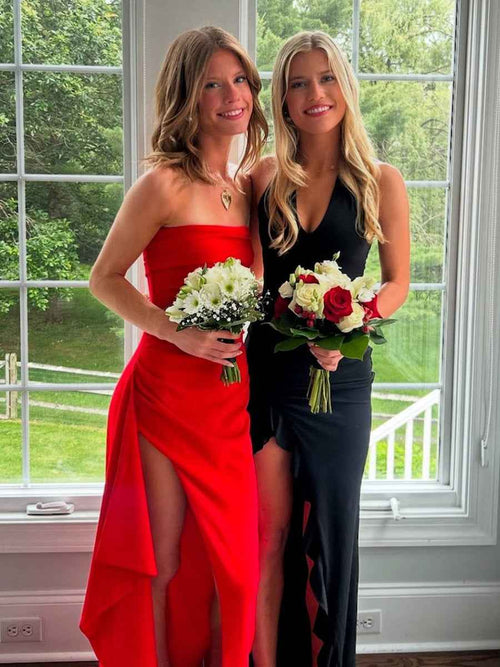 Strapless Ruched Long Prom Dress with Slit BMBRIDE