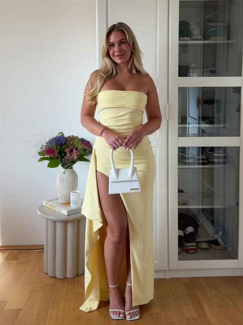 Strapless Ruched Long Prom Dress with Slit BMBRIDE