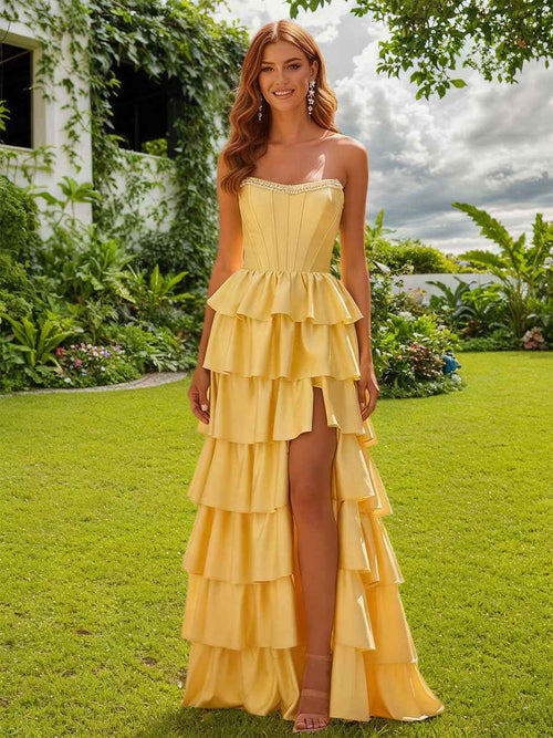 Strapless Satin Ruffle Tiered Beaded A Line Prom Dress with Slit BMBRIDE
