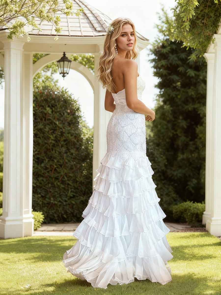 Strapless Scalloped Beaded Bodice Tiered Ruffle Prom Dress