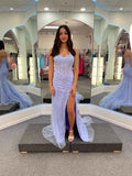 Strapless Sheer Corset Bodice Lace Prom Dress with High Slit