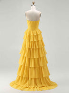 Strapless Tiered Ruffle Corset Prom Dress with Beaded Fringe