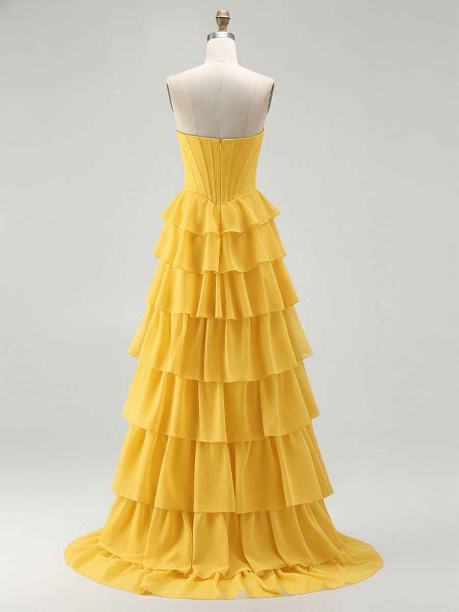 Strapless Tiered Ruffle Corset Prom Dress with Beaded Fringe