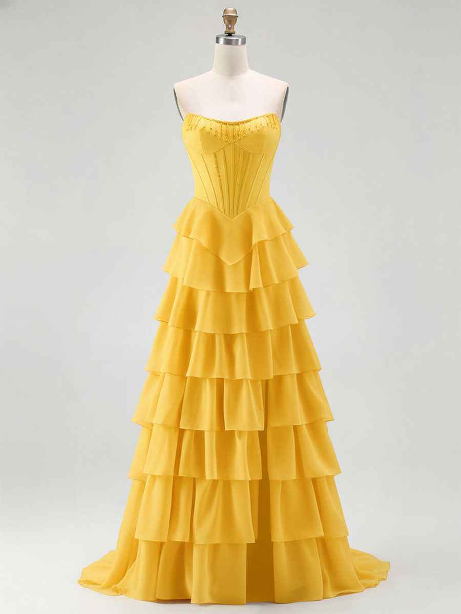 Strapless Tiered Ruffle Corset Prom Dress with Beaded Fringe