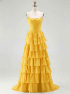 Strapless Tiered Ruffle Corset Prom Dress with Beaded Fringe