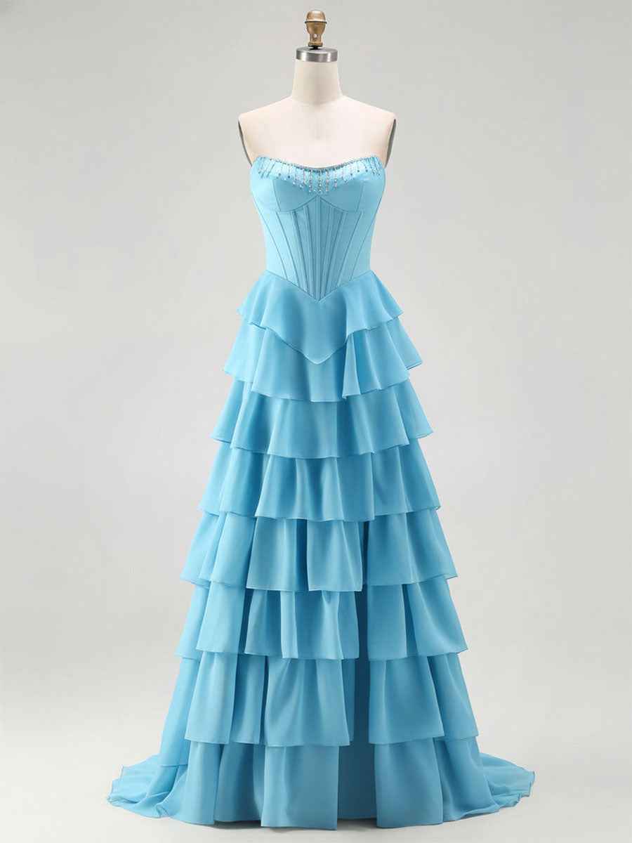 Strapless Tiered Ruffle Corset Prom Dress with Beaded Fringe