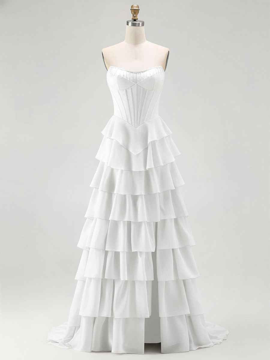 Strapless Tiered Ruffle Corset Prom Dress with Beaded Fringe