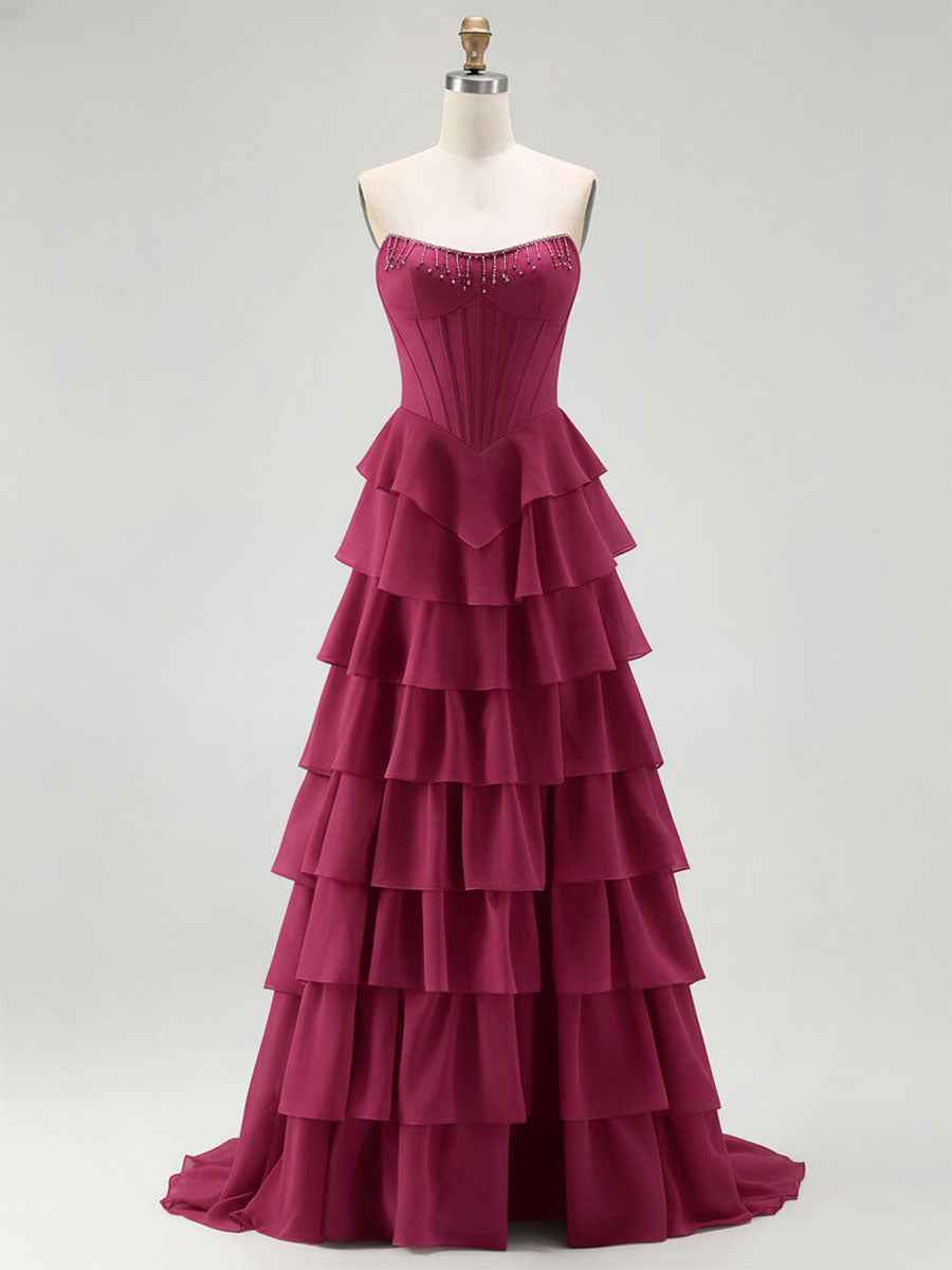 Strapless Tiered Ruffle Corset Prom Dress with Beaded Fringe