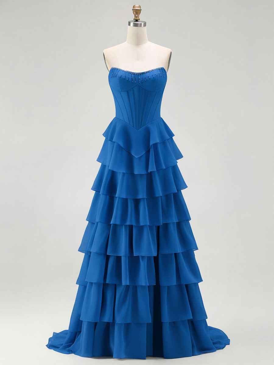 Strapless Tiered Ruffle Corset Prom Dress with Beaded Fringe
