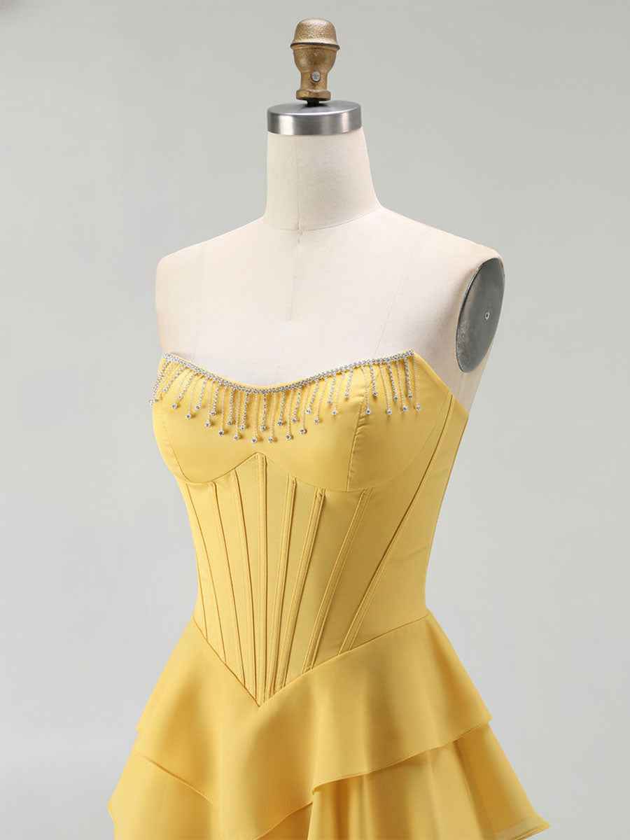 Strapless Tiered Ruffle Corset Prom Dress with Beaded Fringe