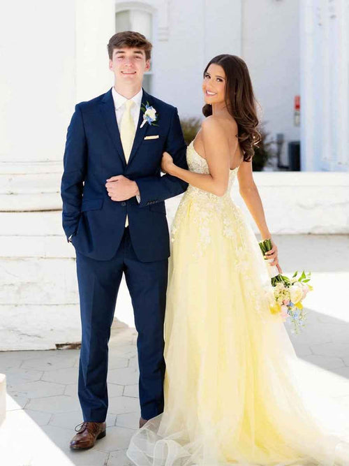 Strapless Lace Appliques Long Prom Dress with Slit BMBRIDE