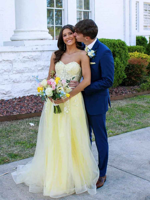 Strapless Lace Appliques Long Prom Dress with Slit BMBRIDE