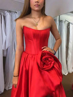 Strapless 3D Flower Prom Dresses for Women High Slit Satin Formal Dress