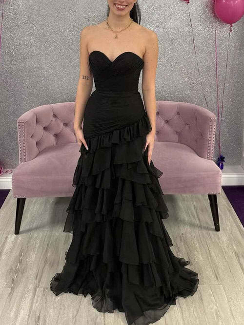 Strapless Mermaid Tiered Chiffon Skirt Prom Dress with Ruffle BMBRIDE