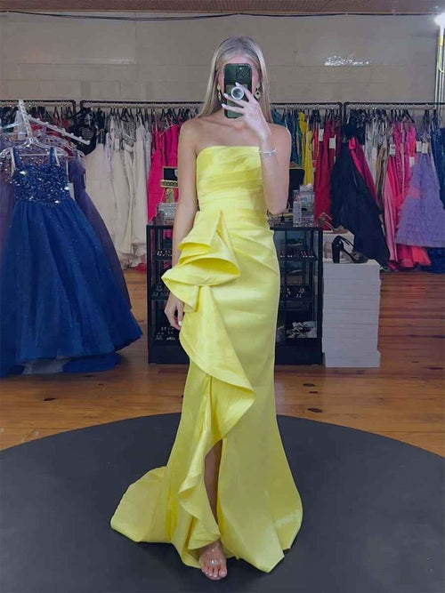 Strapless Ruffles Hem Long Prom Dress with Slit BMBRIDE