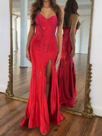 Navy Blue Strapless Sequin Prom Dress with Linear Beading BMBRIDE
