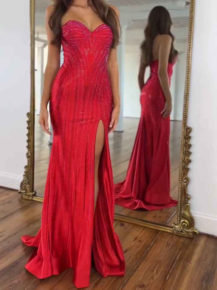 Navy Blue Strapless Sequin Prom Dress with Linear Beading BMBRIDE