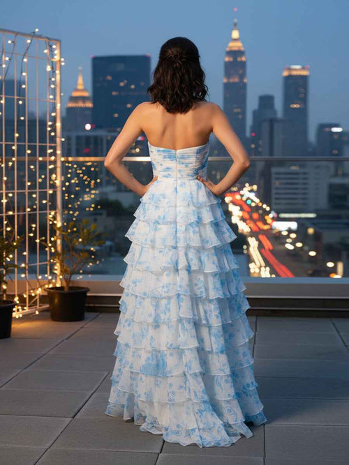 Strapless Sweetheart Ruffle Printing Chiffon Tiered Long Prom Dress BMBRIDE