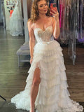 Straps Floral Sequined Multi-Tiered Long Prom Dress with Slit