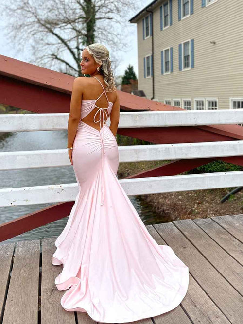 Straps Pink Back Tie Mermaid Long Prom Dress BMBRIDE