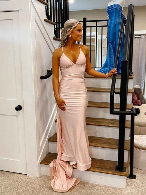 Straps Pink Back Tie Mermaid Long Prom Dress BMBRIDE
