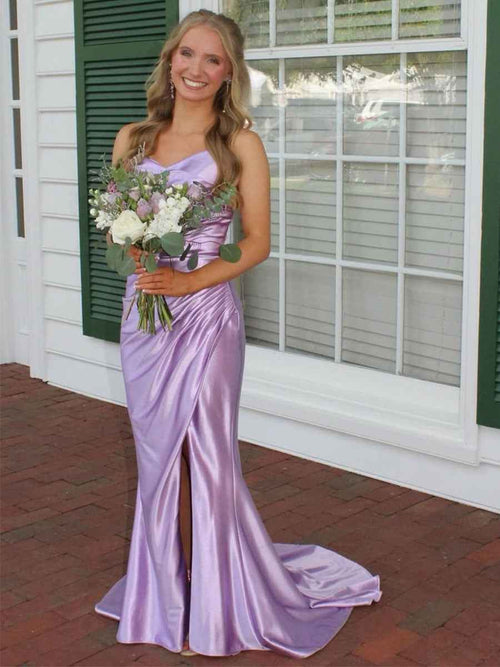 Straps Ruched Mermaid Long Prom Dress with Slit BMBRIDE