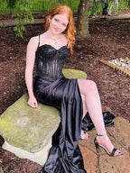 Green Mermaid Spaghetti Straps Bodice Long Prom Dress with Beads