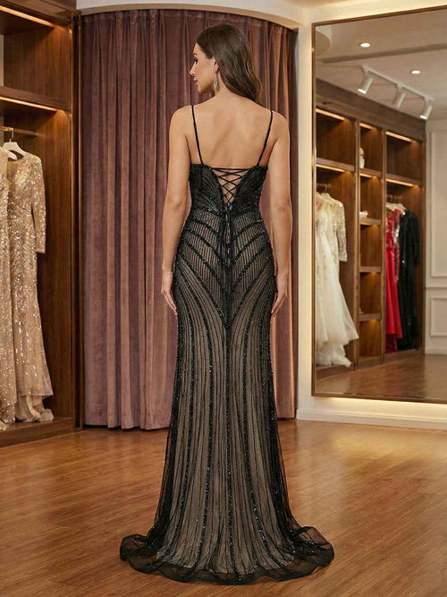 Stunning Black Geometric Beaded Mermaid Prom Dress with Nude Lining BMBRIDE