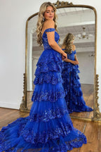 Elegant A-Line Lace Off-the-Shoulder Tiered Long Prom Dress with Slit BM bride