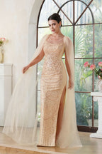 Stunning Scoop Neck Prom Dress with Side Slit, Beaded Details, and Elegant Cape BM bride