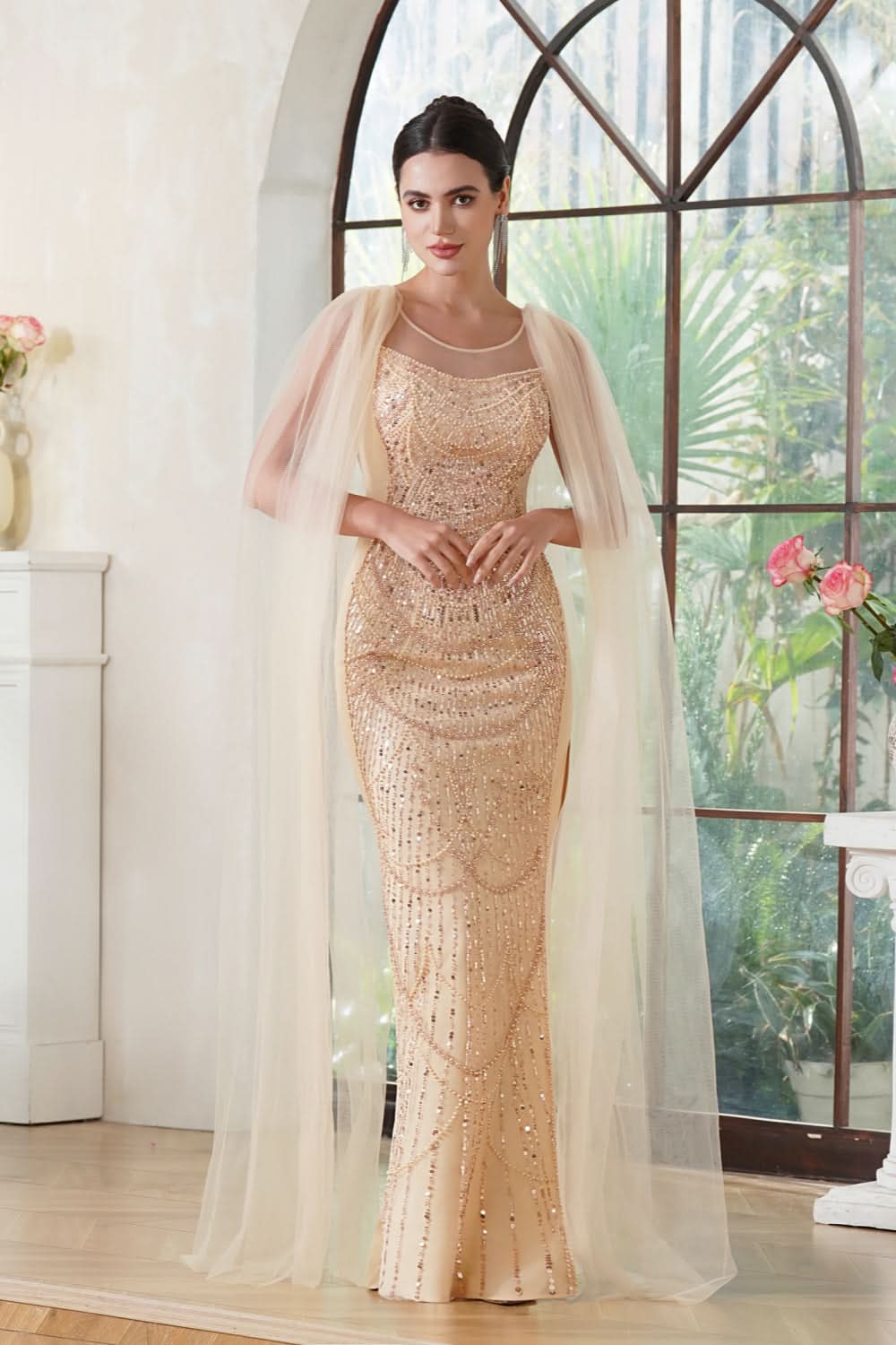 Stunning Scoop Neck Prom Dress with Side Slit, Beaded Details, and Elegant Cape BM bride