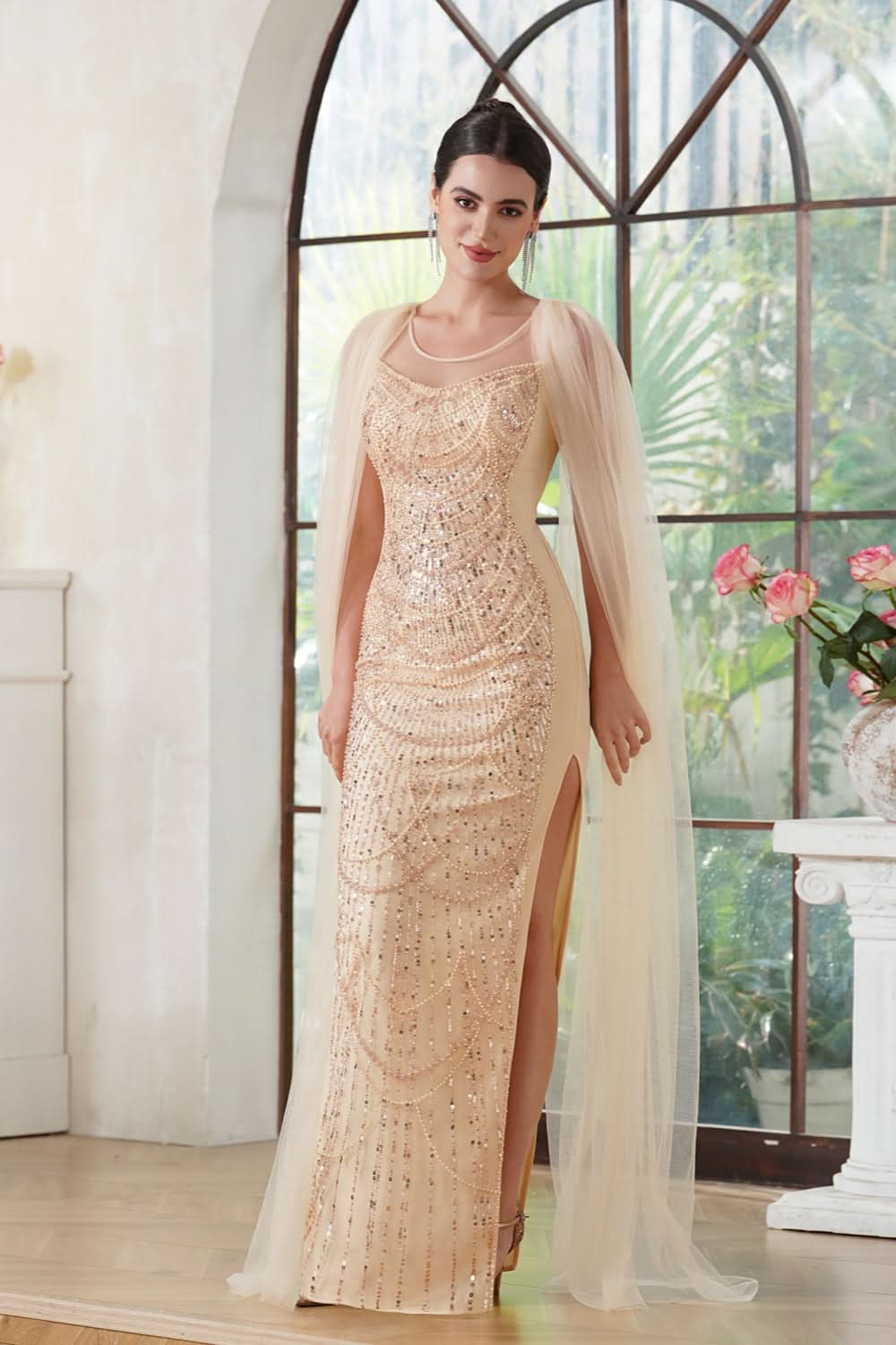 Stunning Scoop Neck Prom Dress with Side Slit, Beaded Details, and Elegant Cape BM bride