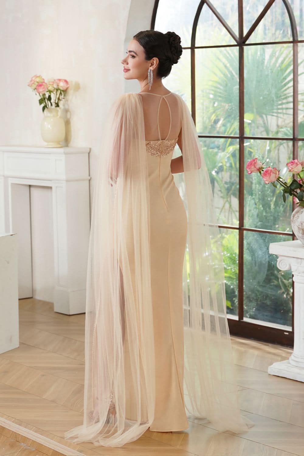 Stunning Scoop Neck Prom Dress with Side Slit, Beaded Details, and Elegant Cape BM bride