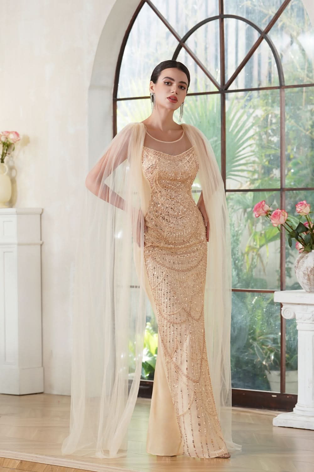 Stunning Scoop Neck Prom Dress with Side Slit, Beaded Details, and Elegant Cape BM bride