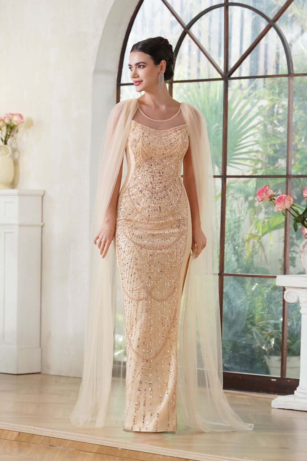 Stunning Scoop Neck Prom Dress with Side Slit, Beaded Details, and Elegant Cape BM bride