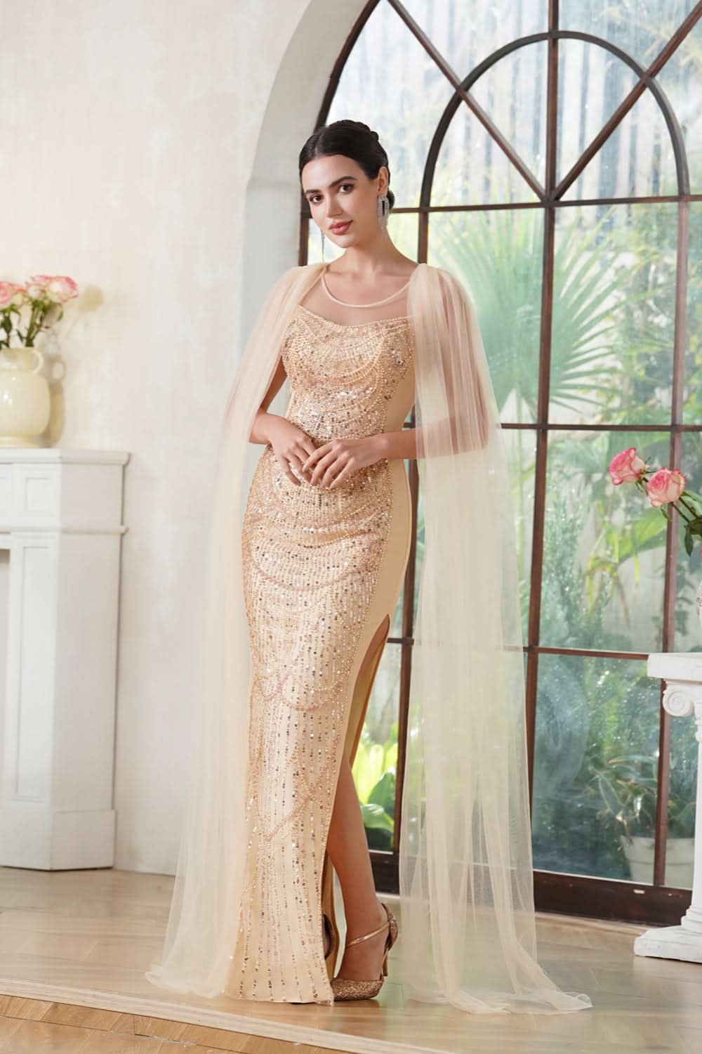 Stunning Scoop Neck Prom Dress with Side Slit, Beaded Details, and Elegant Cape BM bride