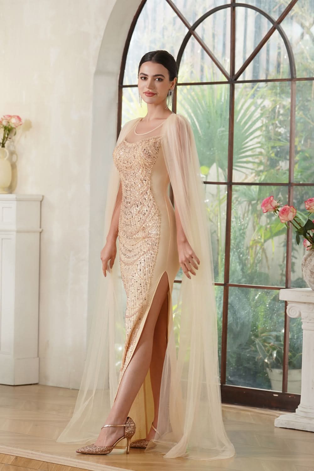 Stunning Scoop Neck Prom Dress with Side Slit, Beaded Details, and Elegant Cape BM bride