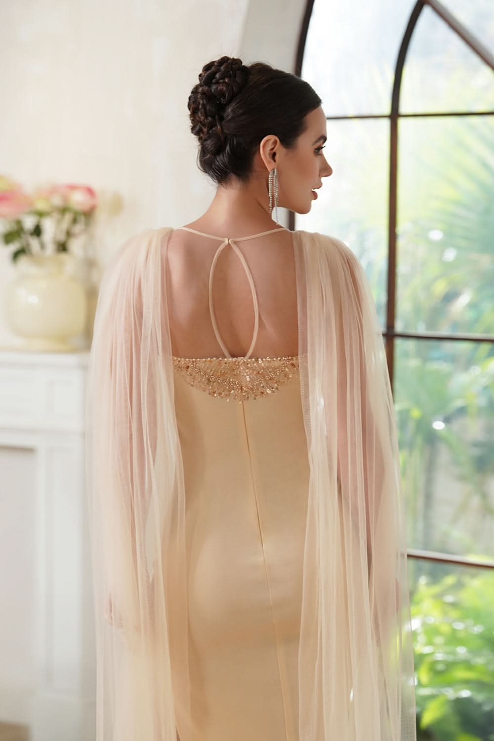 Stunning Scoop Neck Prom Dress with Side Slit, Beaded Details, and Elegant Cape BM bride