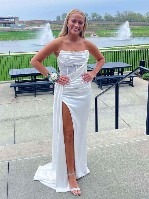 Stunning Mermaid Strapless Corset Prom Dress with Slit BMBRIDE