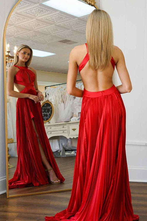Red A-Line Criss-Cross Back Long Pleated Prom Dress With Slit BMBRIDE