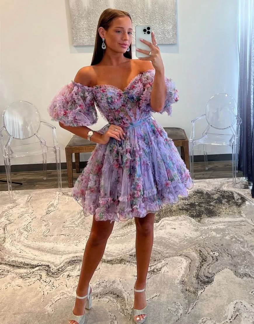 Whimsical A-Line Off-the-Shoulder Printed Homecoming Dress BM bride