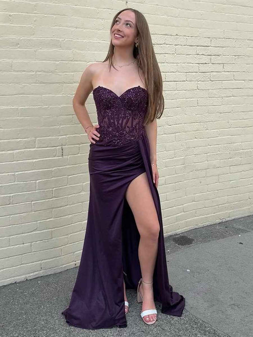 Sweetheart Mermaid Appliqued Long Corset Prom Dress with Slit BMBRIDE