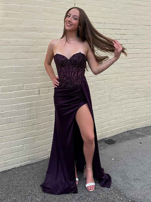 Sweetheart Mermaid Appliqued Long Corset Prom Dress with Slit BMBRIDE
