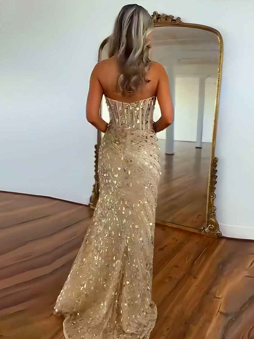 Sweetheart Mermaid Sequins Long Prom Dress with Slit BMBRIDE