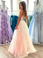 Sweetheart Strapless Lace Corset A-Line Long Prom Dress