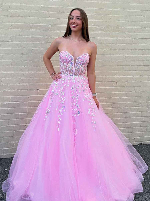 Sweetheart Strapless Long Corset Prom Dress with Appliques BMBRIDE