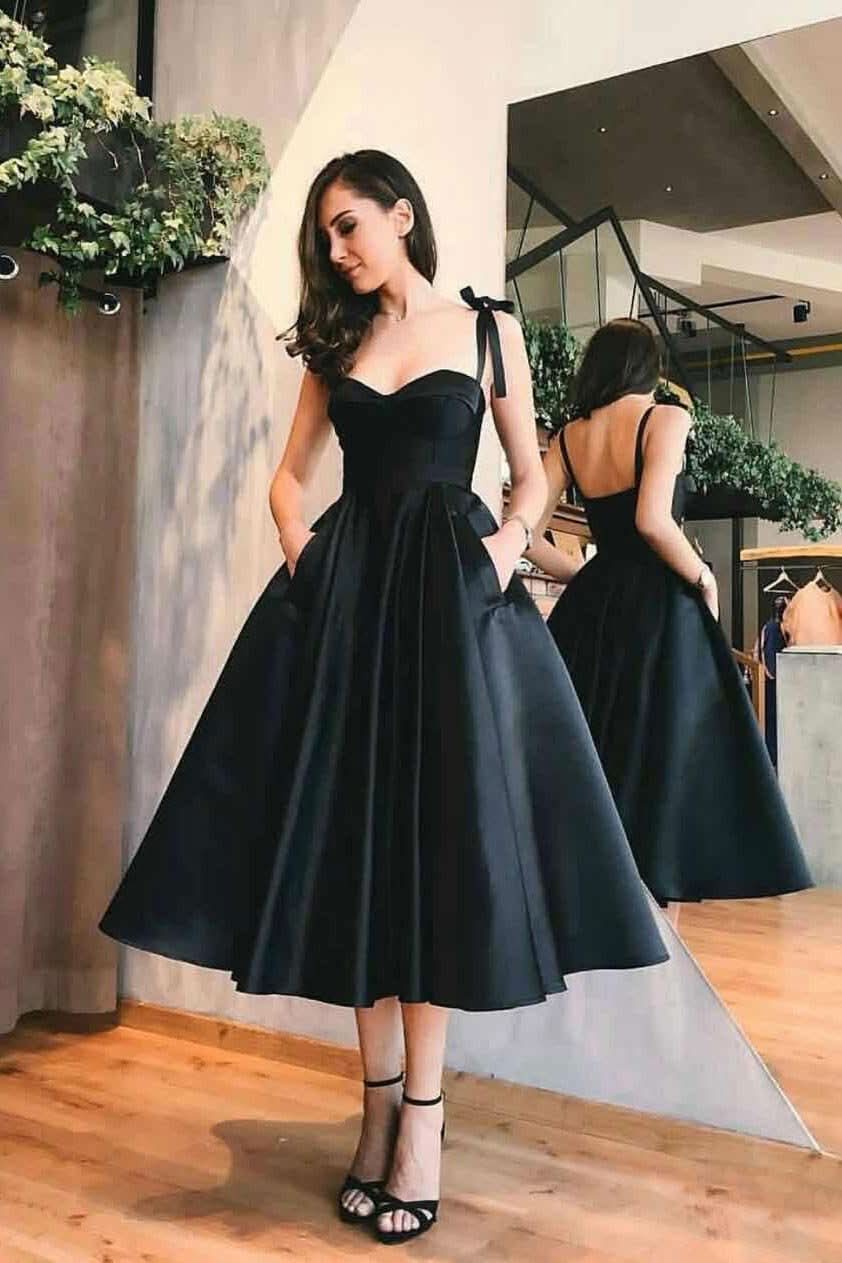 Timeless A-Line Sweetheart Satin Tea-Length Dress for a Sophisticated Homecoming BM bride